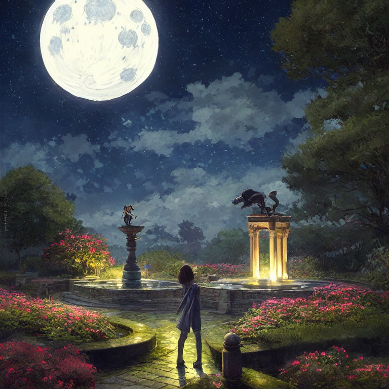 Child gazes at moonlit ancient fountain in garden pathway surrounded by statues and blooming pink flowers.