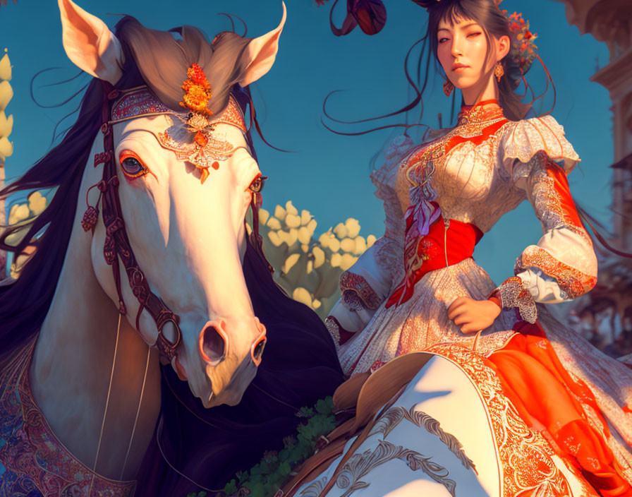 Detailed Red and White Outfit Woman with White Horse and Blue Sky