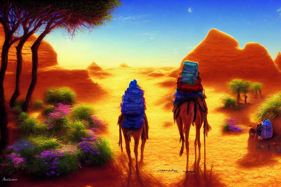 Camels carrying loads in vibrant desert with sand dunes and purple flora under sun and crescent moon