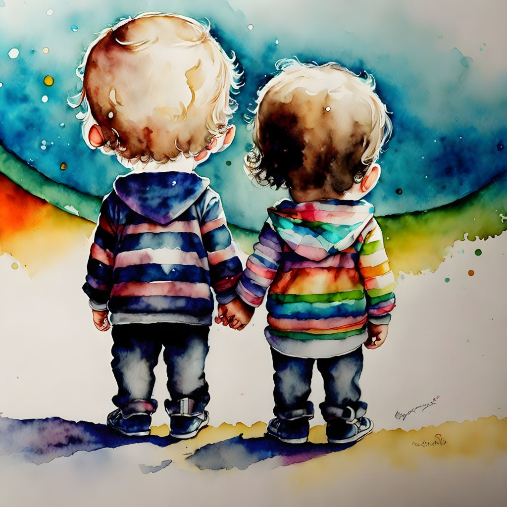 Animated toddlers in striped hoodies holding hands against colorful watercolor backdrop