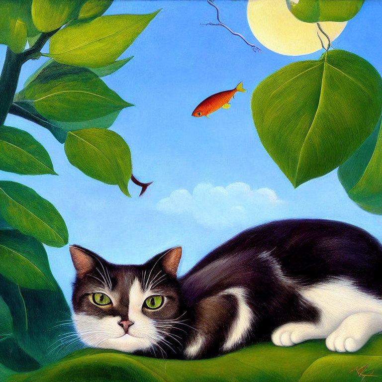 Whimsical black and white cat with red fish in the sky