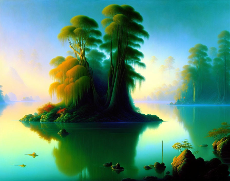 Tranquil digital artwork of mystical island with lush trees and serene water