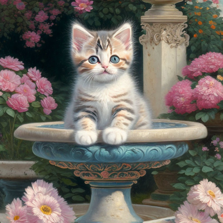 Blue-eyed kitten in stone birdbath with pink peonies and green foliage