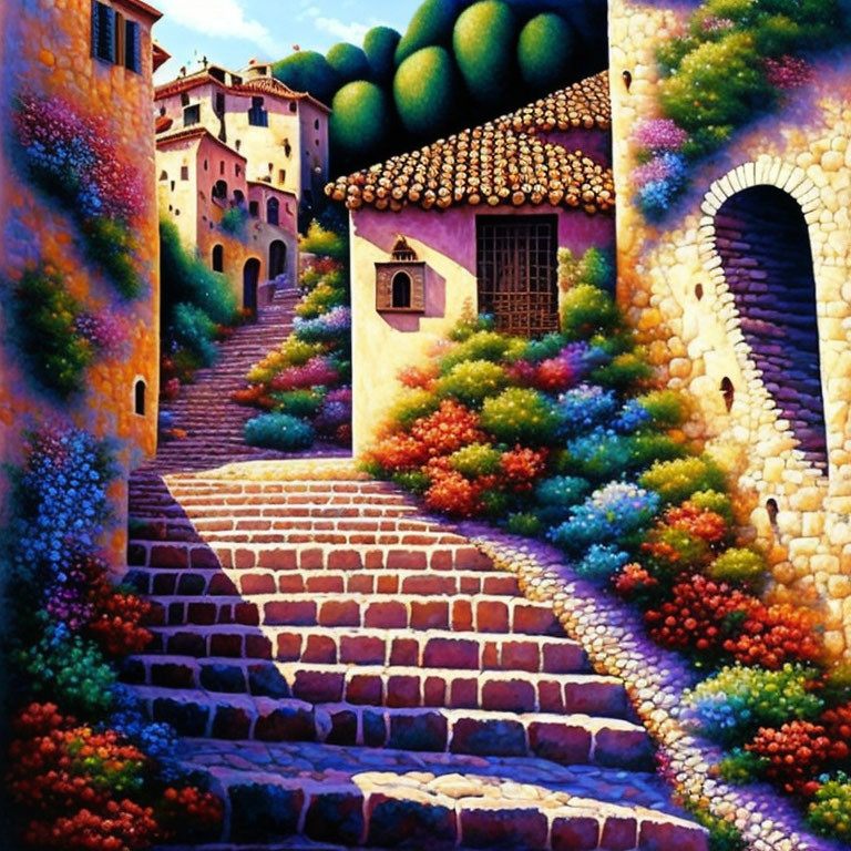 Colorful painting of quaint village with cobblestone steps, blooming flowers, stone houses.