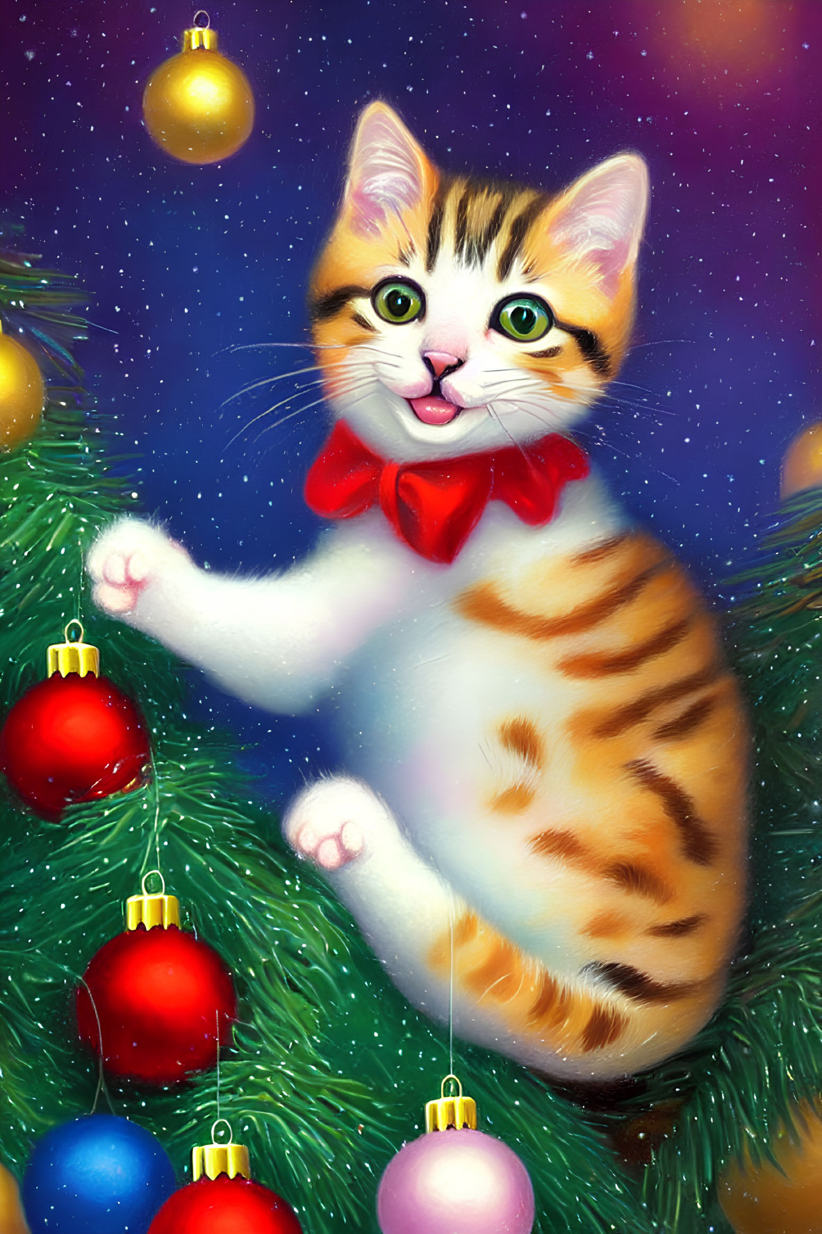 Illustration of playful kitten with red bow and Christmas ornaments