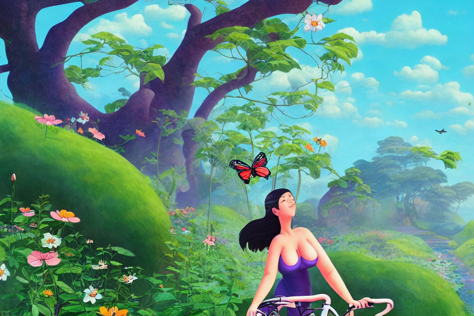 Animated woman on bicycle admiring butterfly in vibrant landscape