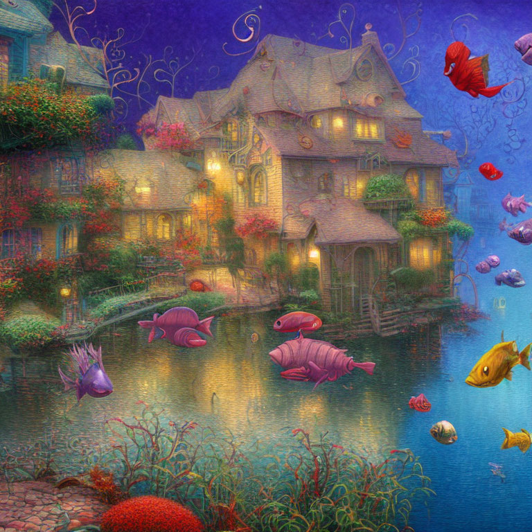 Colorful fish swim in the air around a whimsical pond house.