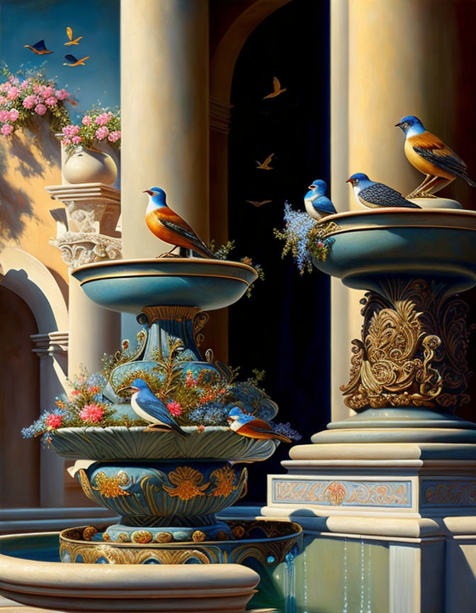 Multi-tiered fountain with classical columns, colorful birds, and serene sky