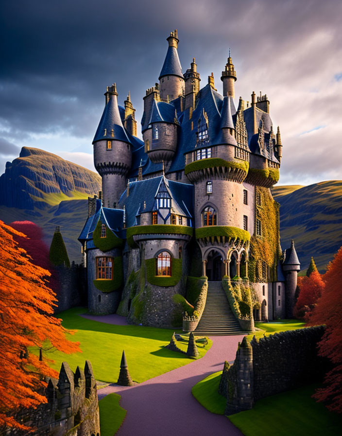 Majestic castle with spires in autumn setting