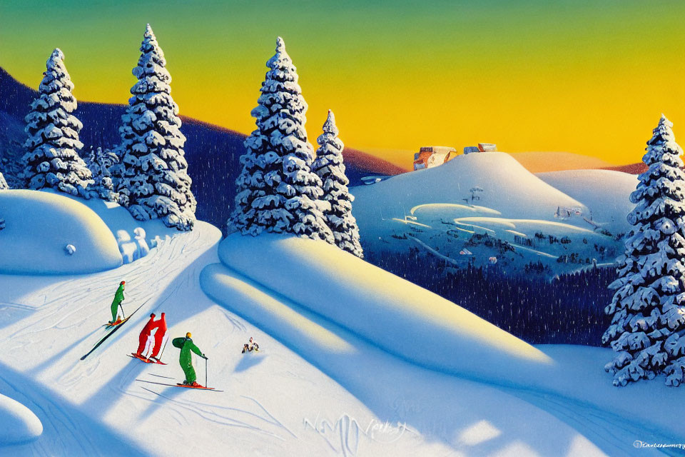 Skiers descending snowy slope with pine trees under sunset skies