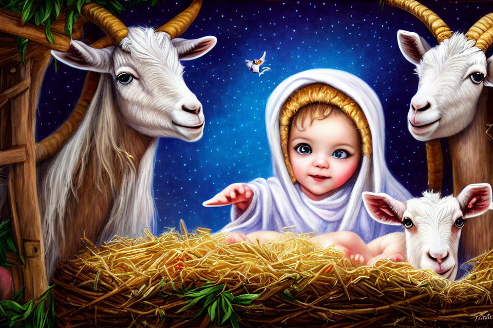 Colorful Nativity Scene with Baby, Goats, and Lamb under Starlit Sky