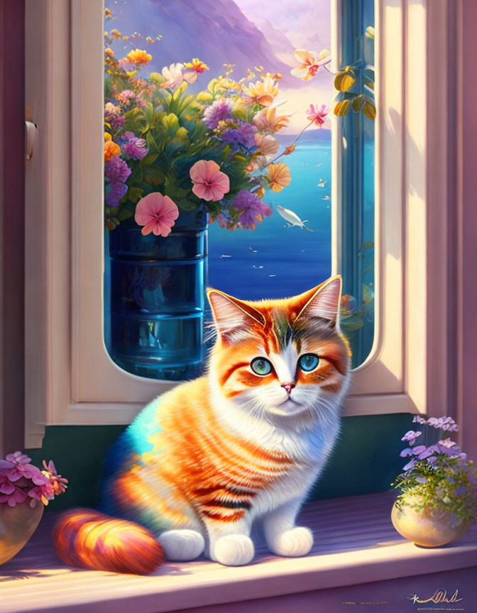 Colorful illustration of orange and white cat with blue eyes on windowsill with blooming flowers, serene