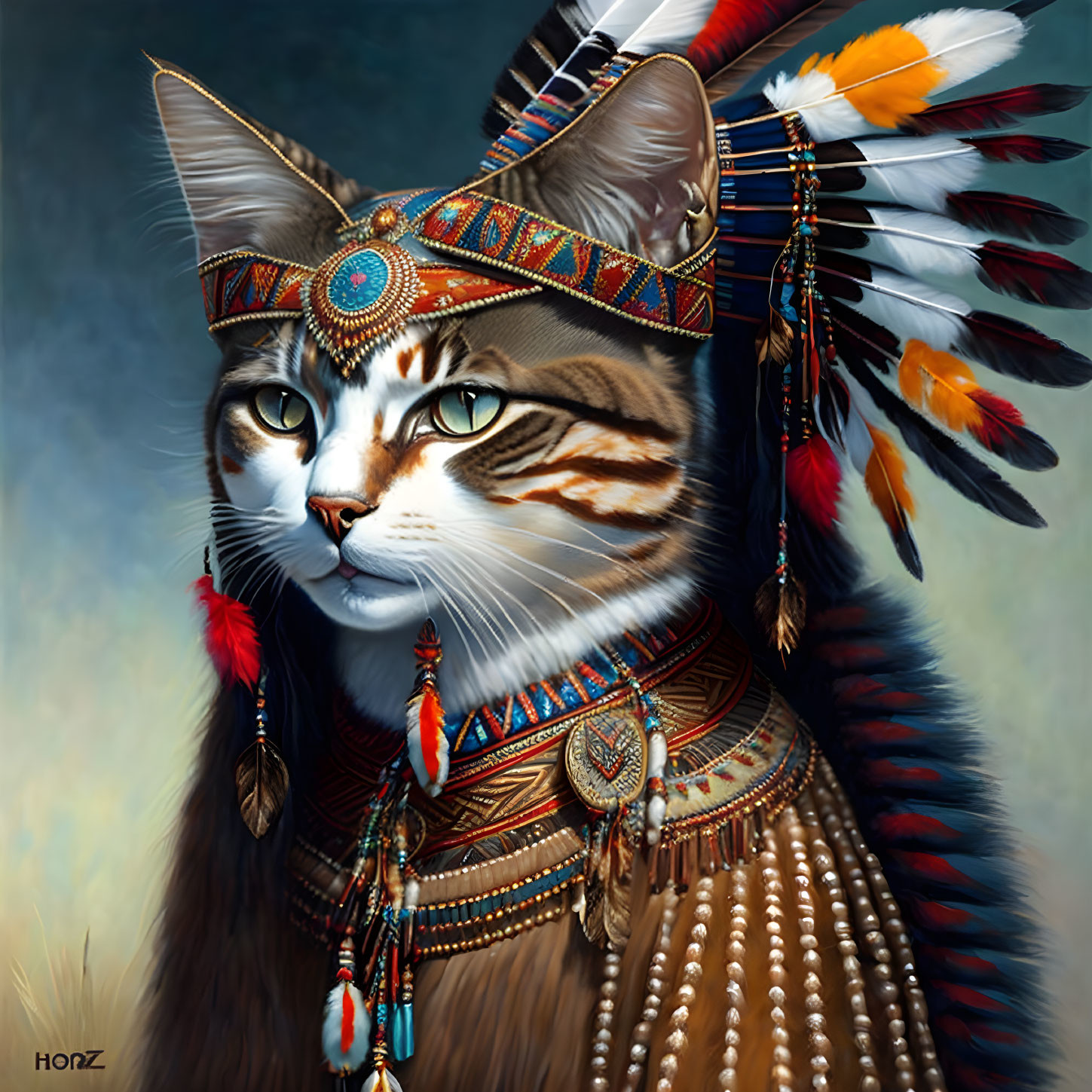 Digital artwork of a cat with green eyes in Native American headdress, beads, and feathers