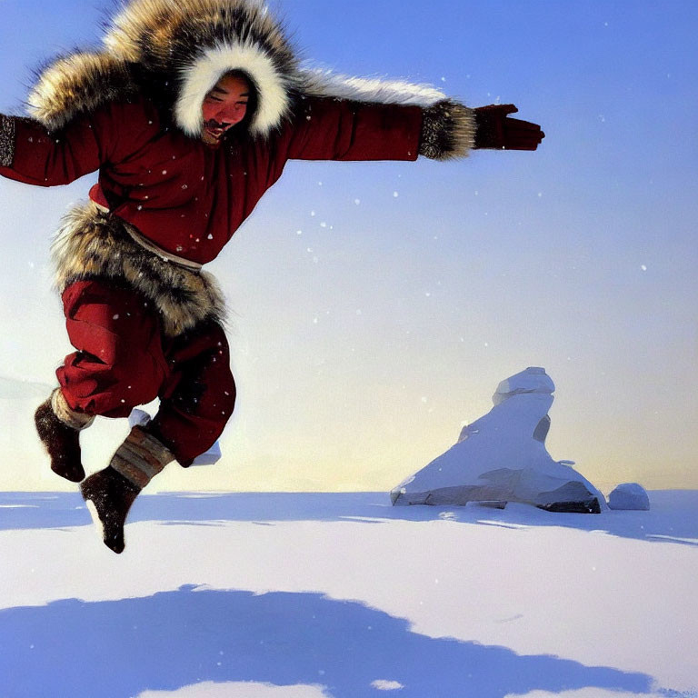 Joyful person in red clothing jumping in snowy landscape with blue sky.