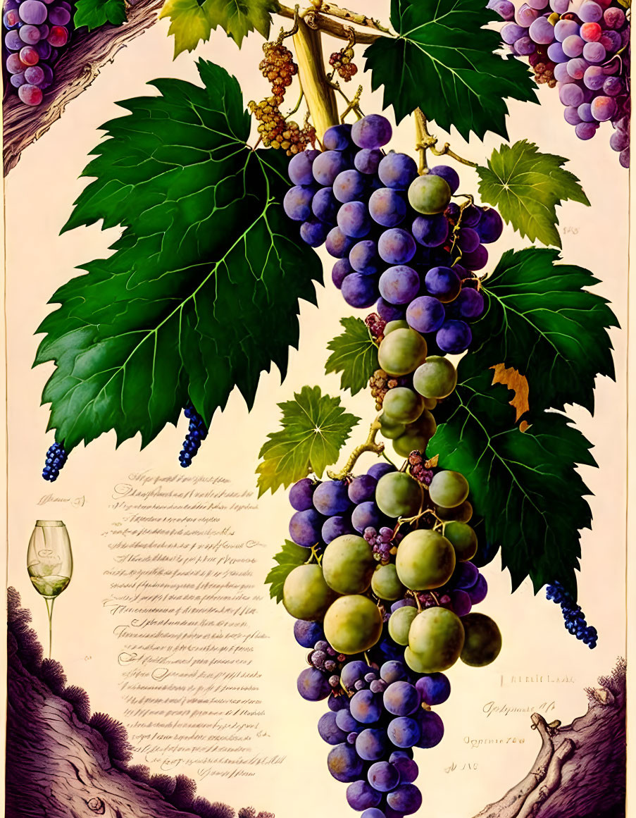 Detailed grapevine illustration with purple grapes, green leaves, script text, and wineglass.