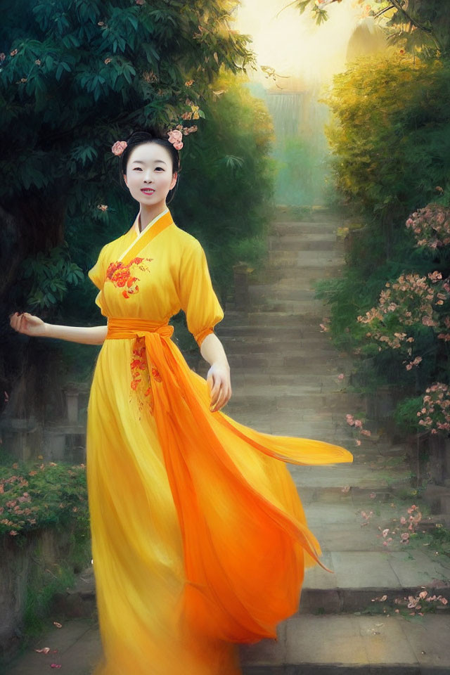 Woman in Yellow Traditional Dress on Stone Path with Blossoming Trees