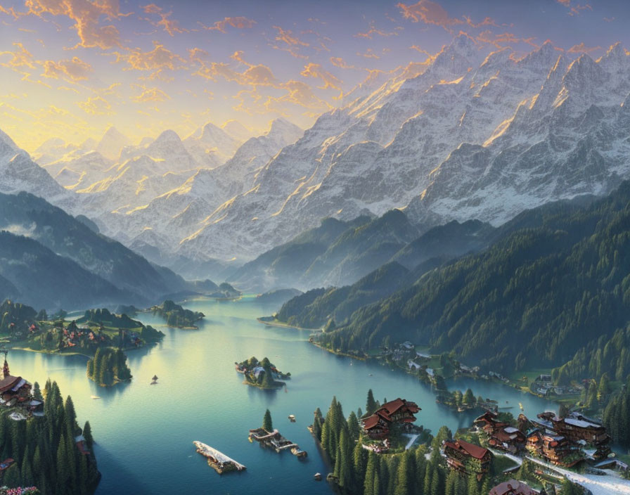 Scenic Alpine village on lakeshore with boats and snow-capped mountains at sunset