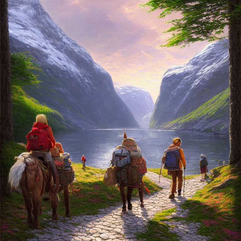 Backpackers and horse on stone path in lush valley at sunset