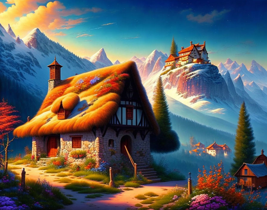 Colorful fantasy landscape with cottage, garden, mountains, and castle under blue sky