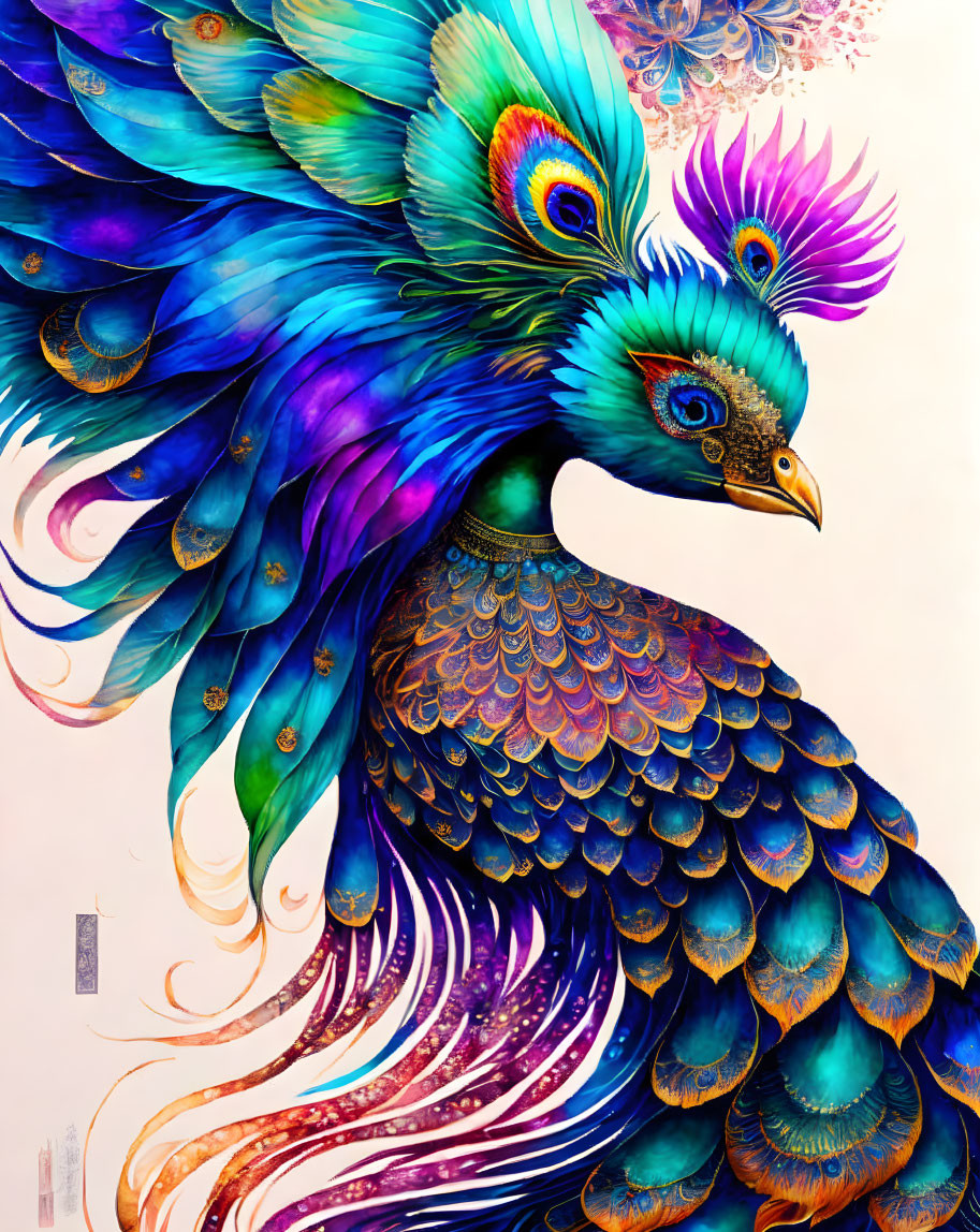 Vibrant peacock illustration with blue, green, and purple plumes