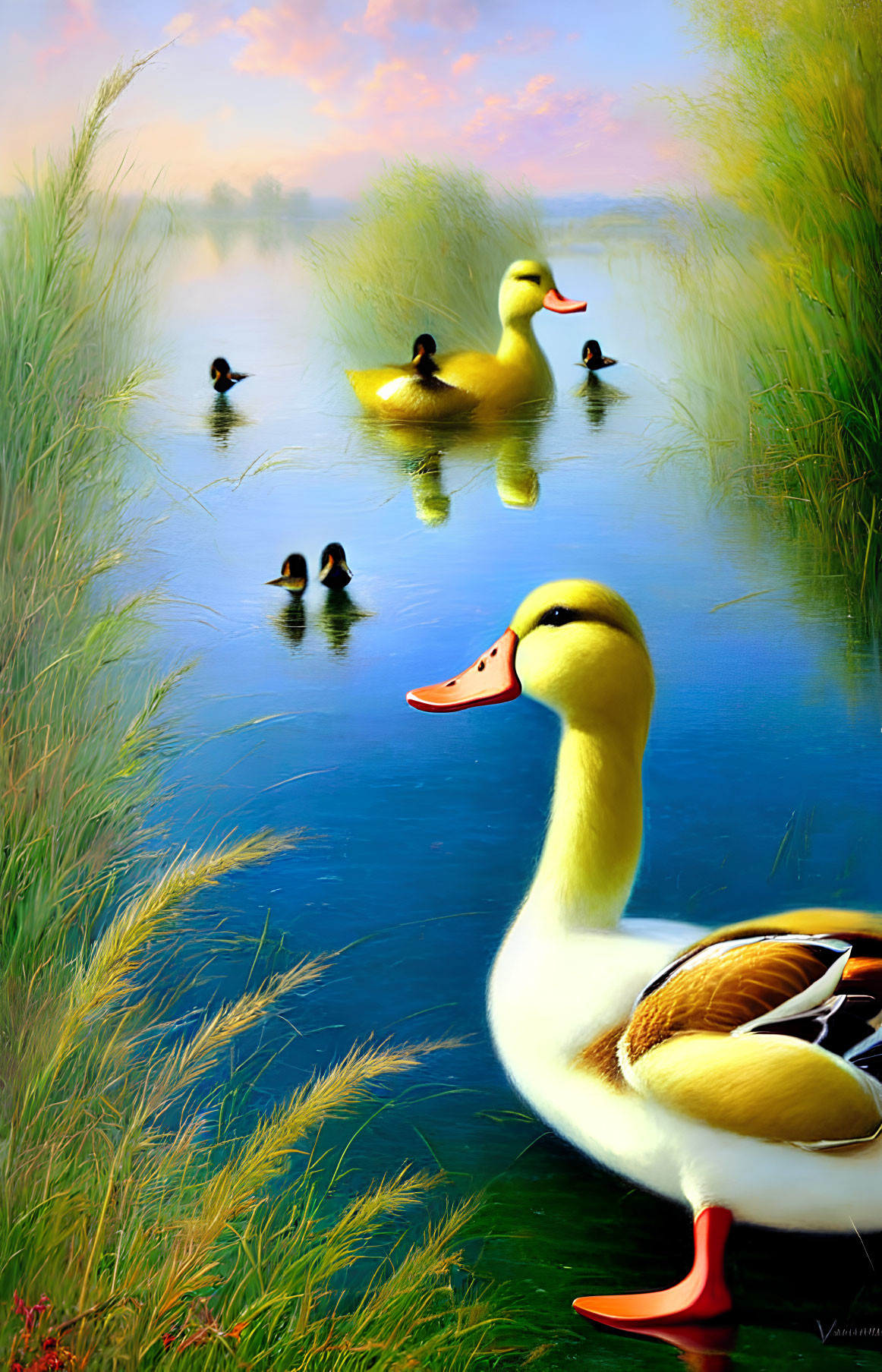 Illustration of Anthropomorphic Duck with Ducklings on Misty Lake