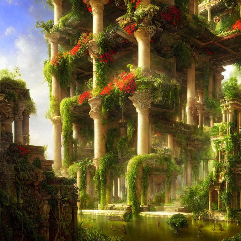 Enchanting overgrown ruin with ivy-covered columns and red flowers