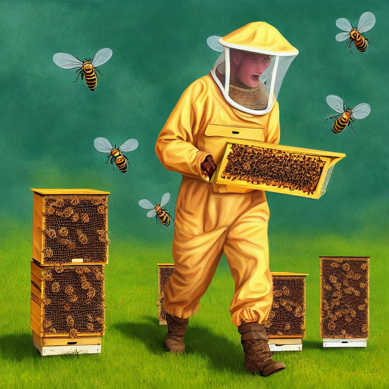 Beekeeper in yellow suit with beehive frame and buzzing bees on green background