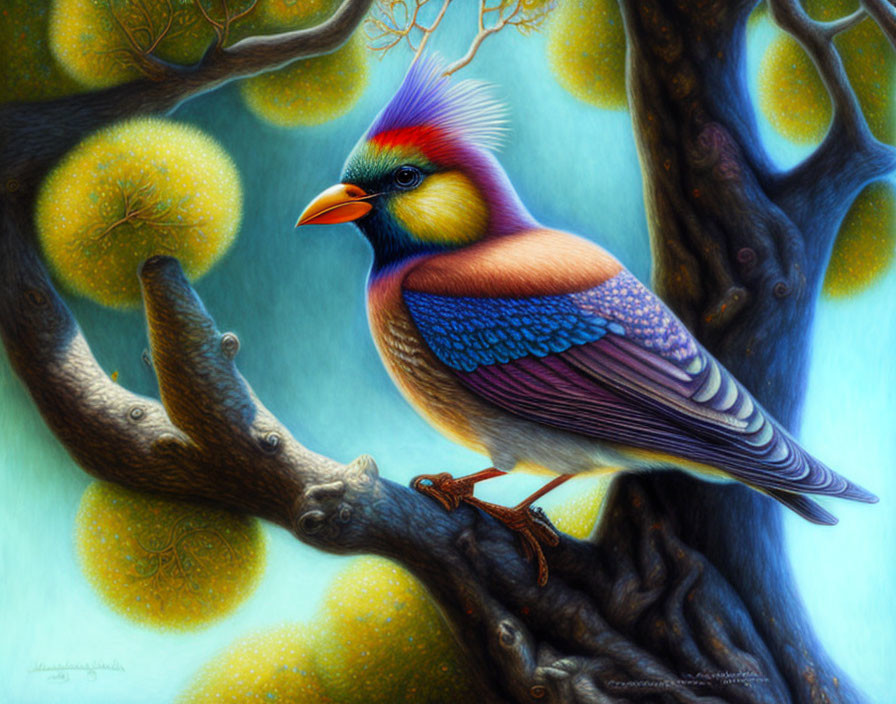 Colorful Bird Illustration Perched on Tree Branch with Yellow Fruits