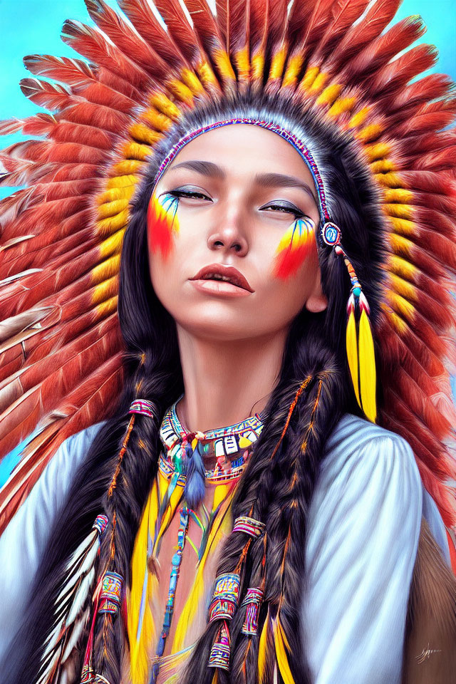 Colorful Native American headdress with vibrant feathers and beadwork on a pensive face.