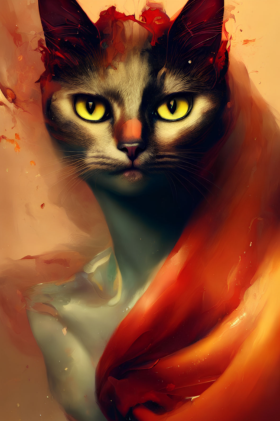 Digital artwork featuring a cat with intense yellow eyes and fiery abstract elements