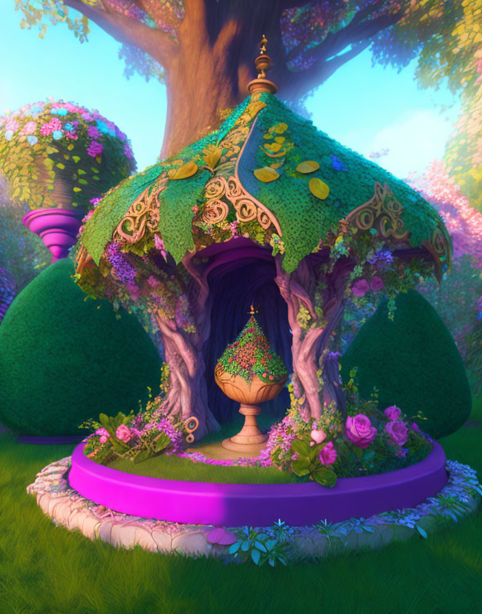 Fantasy treehouse with vibrant canopy and purple details