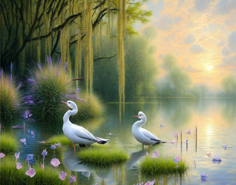 Tranquil sunrise scene with white swans, flowers, and greenery