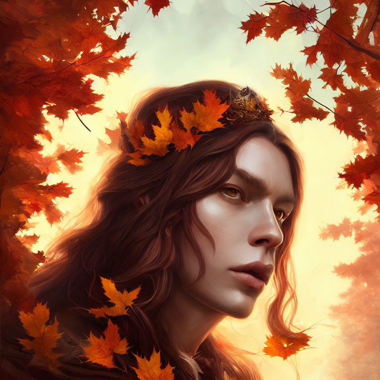 Person with Long Wavy Hair and Autumn Leaves in Golden Foliage