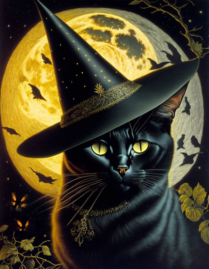 Black Cat with Witch's Hat in Full Moon Scene