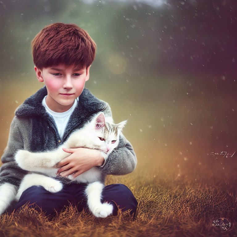 Young boy in grey hoodie holding white and tabby cat outdoors