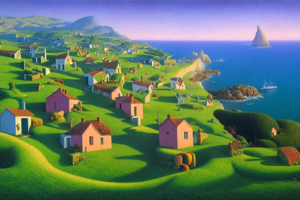 Vibrant countryside painting: rolling hills, pink houses, ocean, boats