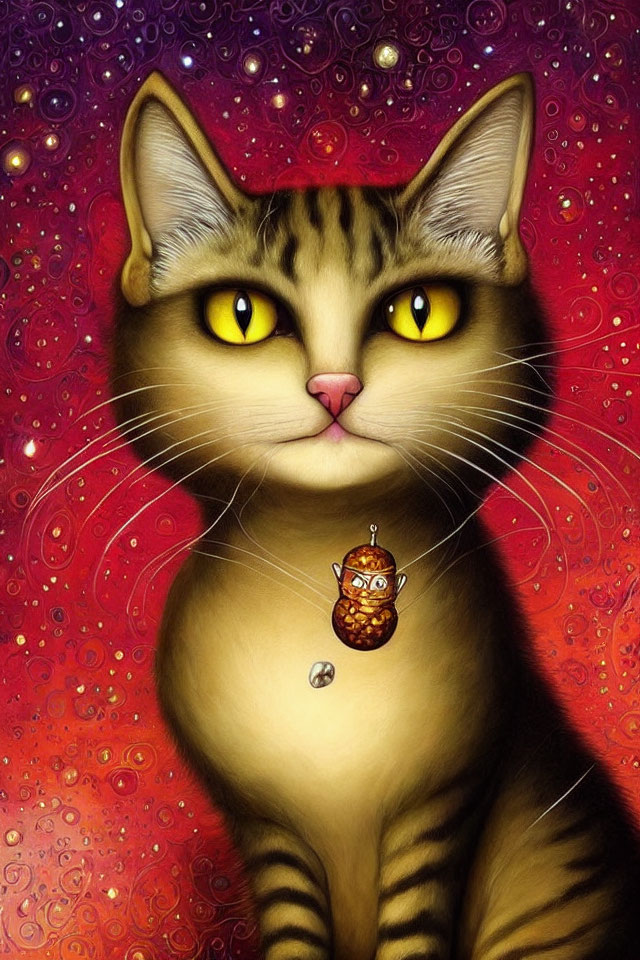 Whimsical digital painting of cat with expressive eyes and owl pendant on vibrant background