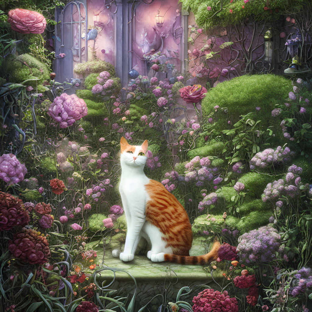 Orange and White Cat in Enchanting Garden with Oversized Flowers