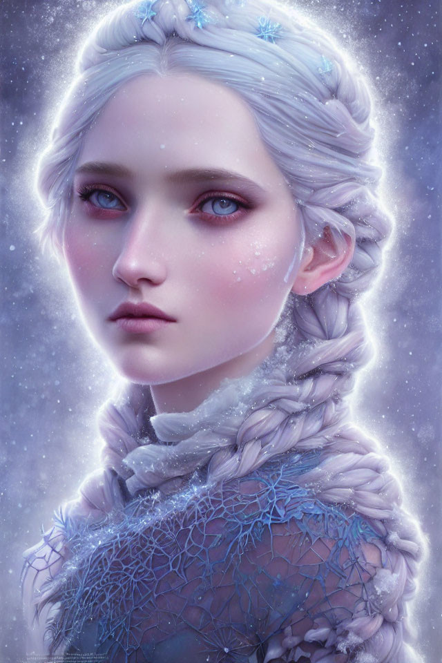 Digital portrait of woman with pale skin and icy blue eyes, braided hairstyle with blue flowers, snowy