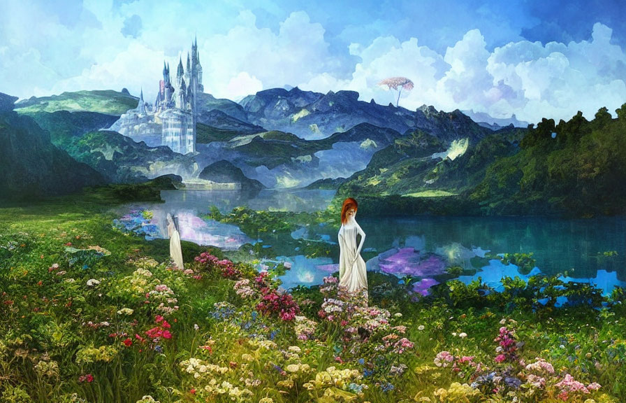 Fantastical landscape with woman, castle, mountains, flowers, lake, and floating island