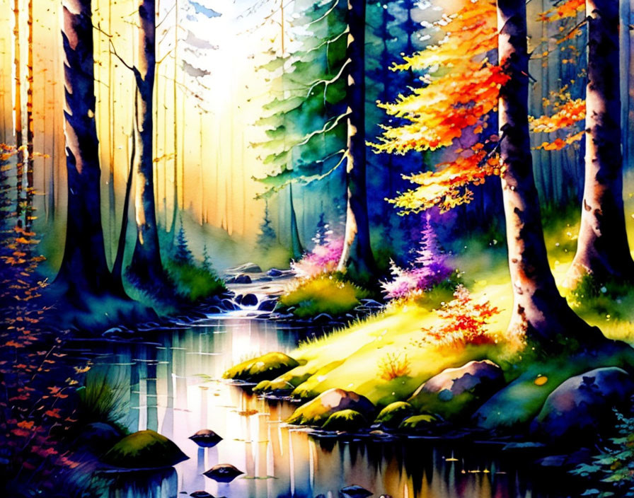 Sunlit autumn forest watercolor painting with stream and rocks