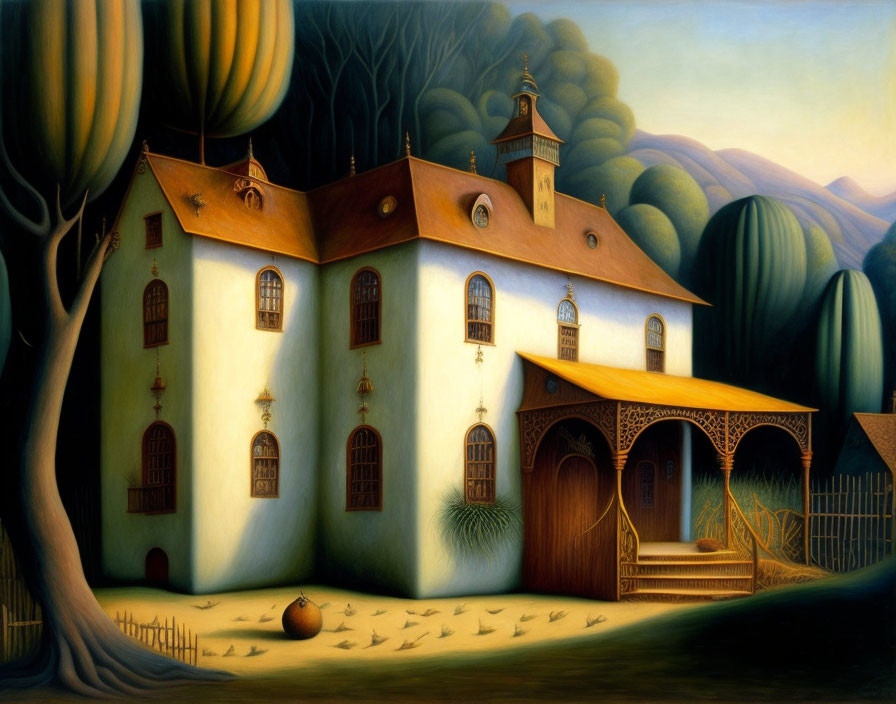 Whimsical painting of a church in surreal landscape