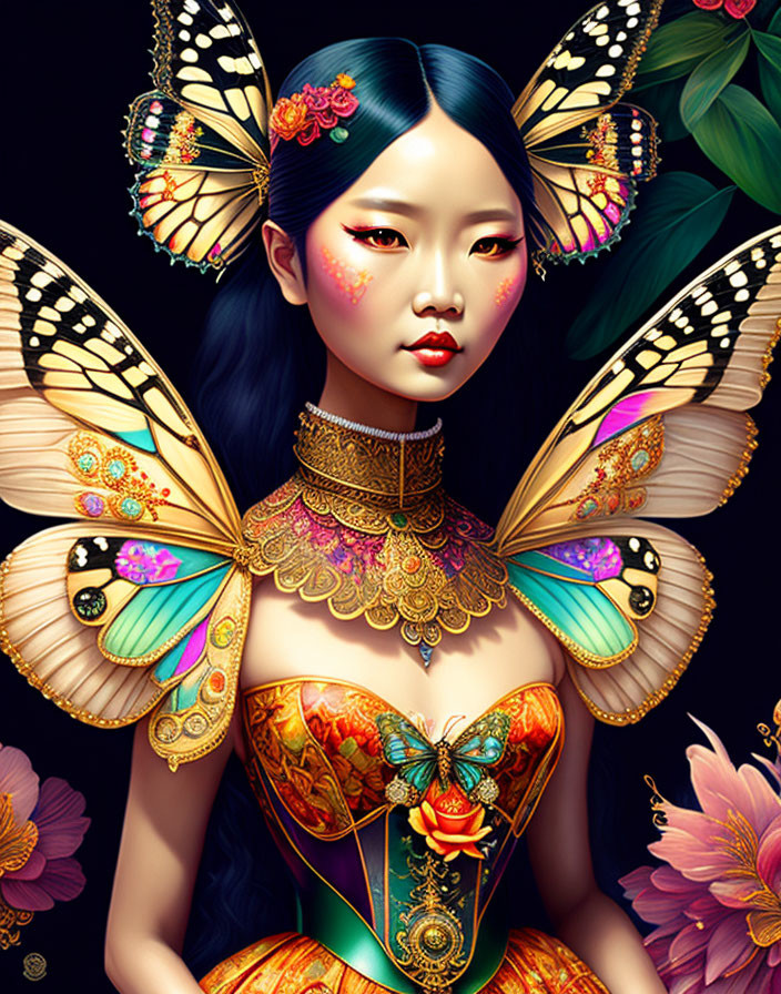 Digital artwork featuring woman with butterfly wings and ornate golden attire on dark background