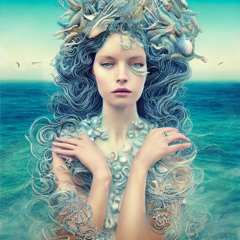 Sea Goddess Inspired Portrait with Marine Life and Ocean Backdrop