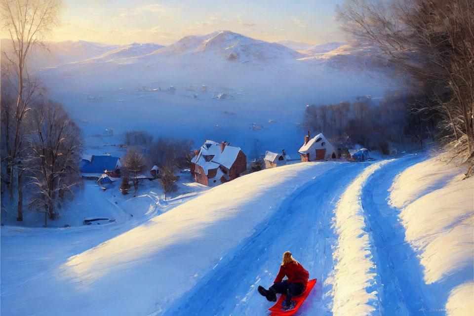 Person sledding on snowy hill overlooking village and mountains at sunrise or sunset