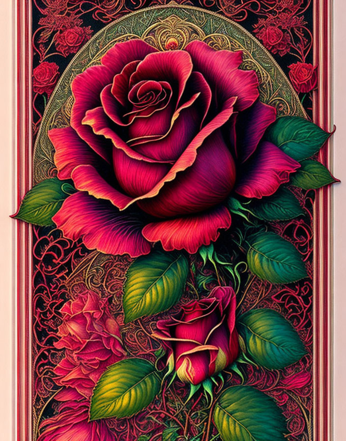 Detailed red rose surrounded by smaller blooms and ornate background.