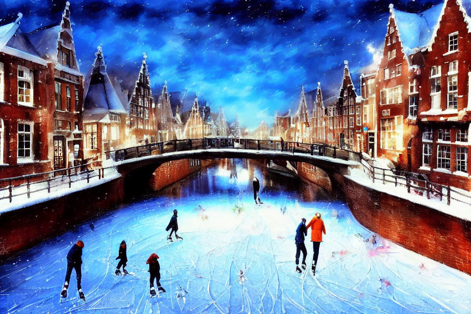 Night ice-skating on frozen canal in historic city with illuminated buildings & bridge under starry sky