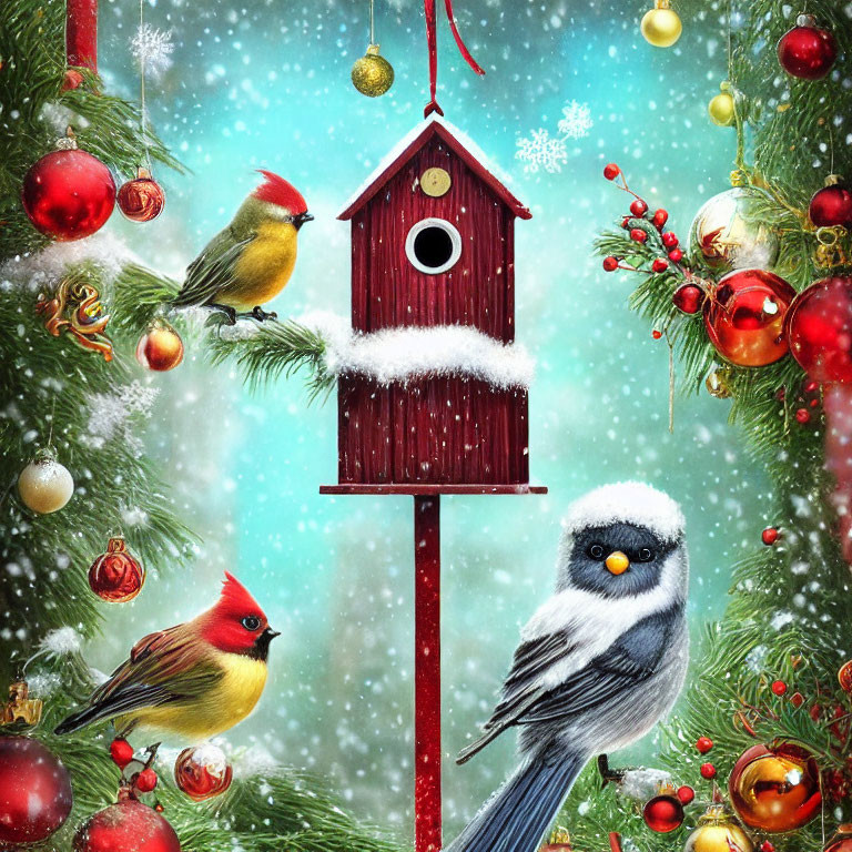 Colorful Birds Perched Near Snow-Covered Birdhouse in Festive Christmas Scene