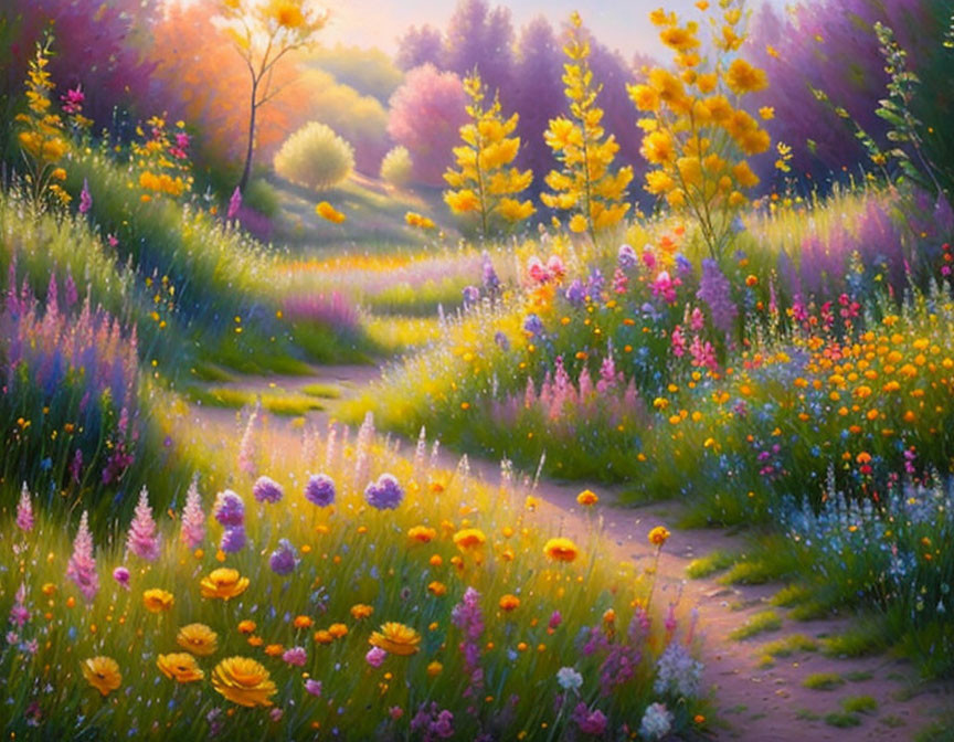 Colorful garden path with vibrant flowers and soft sunlight