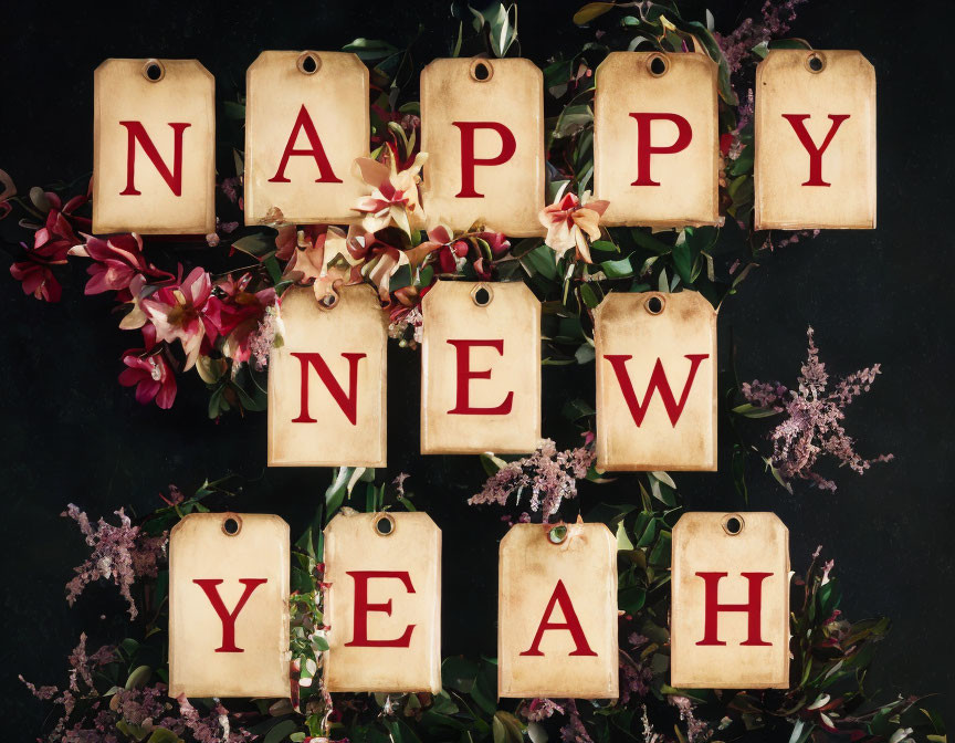 Vintage "HAPPY NEW YEAR" tags with festive floral arrangements on dark background